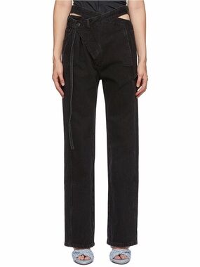 Y2K Asymmetric Wrap Waist Cutout Wide Leg Black Jeans